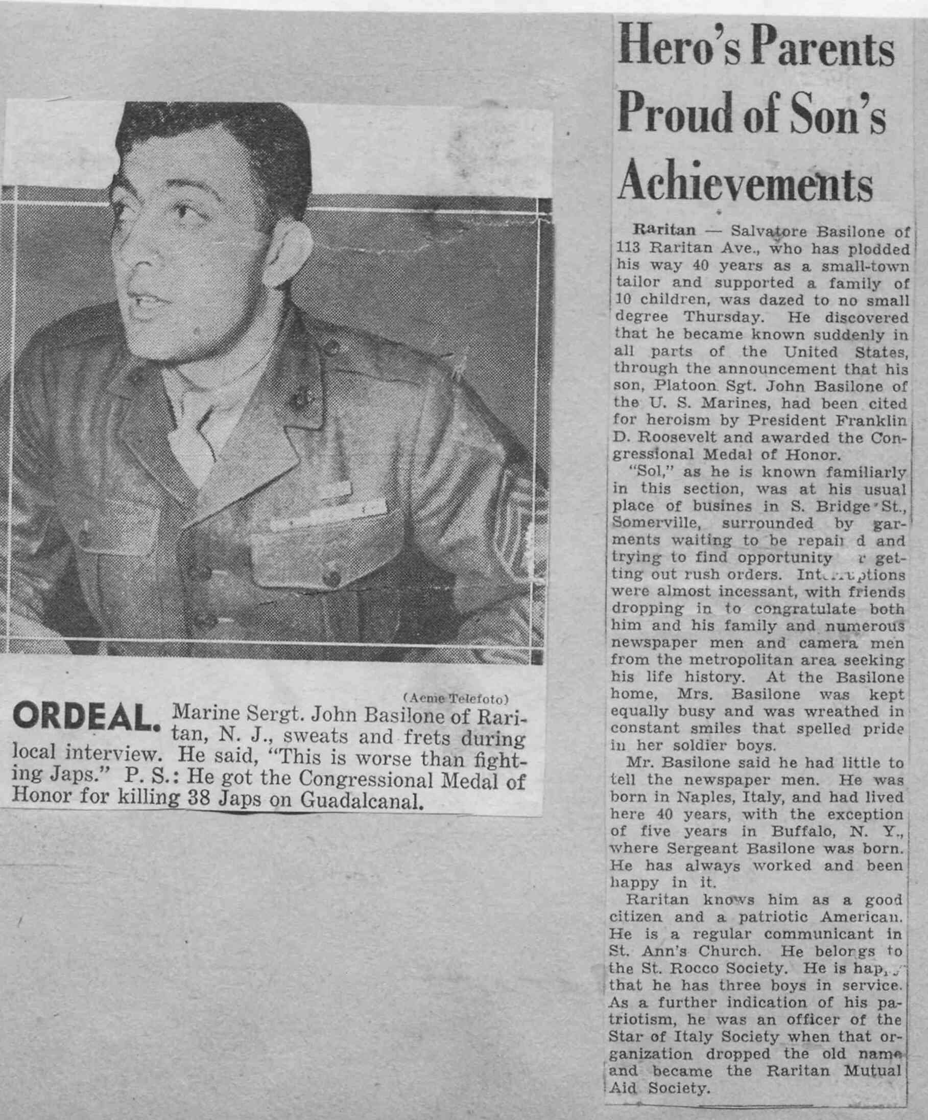 Articles When Basilone was Awarded the Medal of Honor